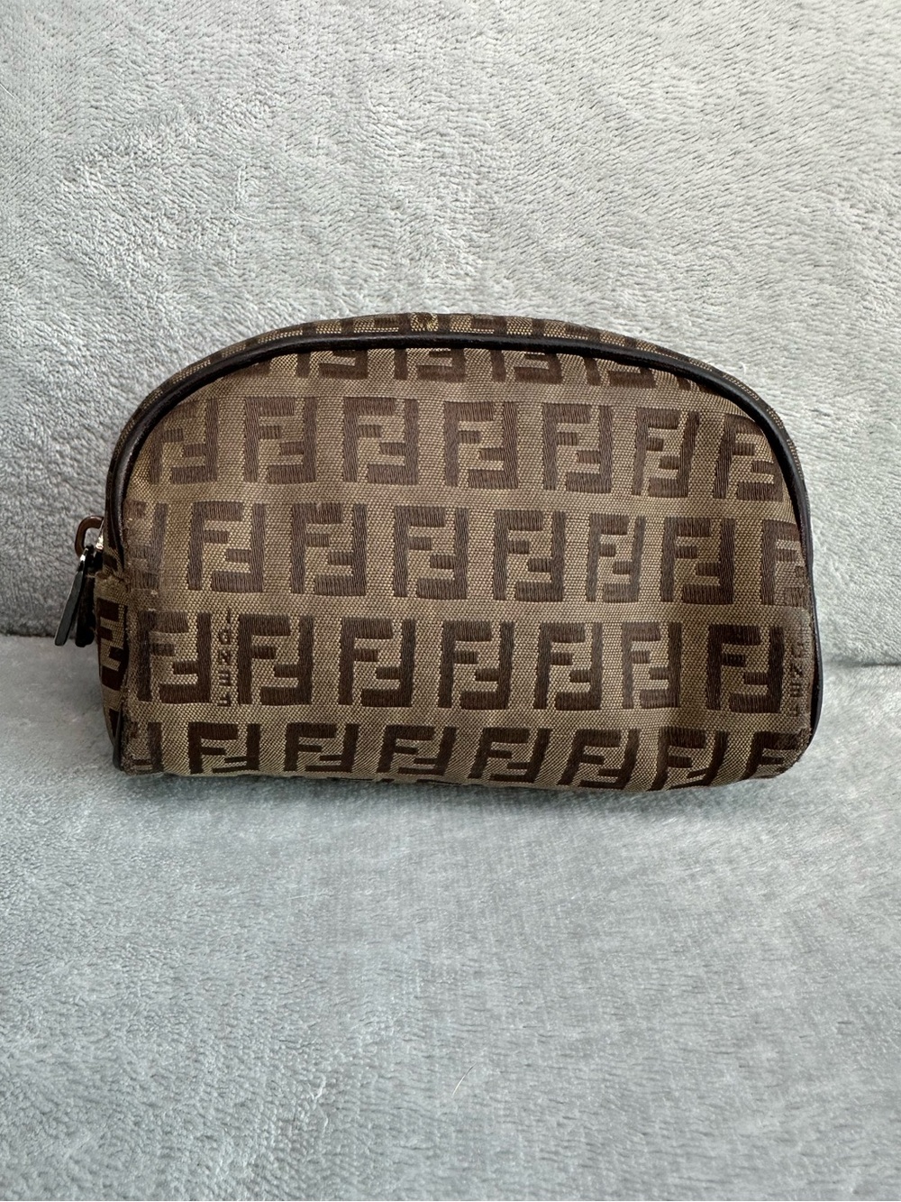 Fendi Zucca Canvas Cosmetic Pouch Makeup Bag Brown FF Monogram Made in Italy